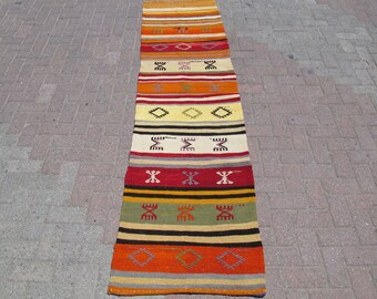 Handwoven Turkish Kilim Runner Rug: Colorful Bohemian Hallway Decor (2.2 x 8.8 ft)