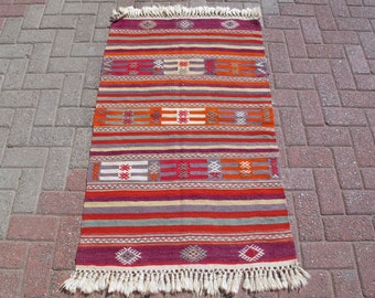 Vintage Striped Kilim Rug: 3x4 Bohemian Wool Wall Hanging