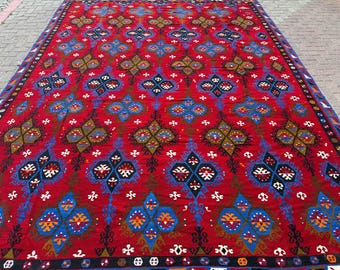Oversize Kilim Rug 10x14 | Rugs for Living Room | Vintage Red Kilim | Bohemian Wool Carpet | 10.3 x 13.6 ft