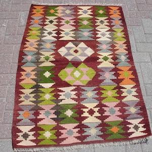 Small Area Kilim Rug, Vintage red kilim, 3 x 4.3 ft, handmade bohemian rug, oriental carpet, teppich