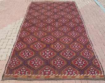 7x10 Vintage turkisk kelimmatta: Handvävd geometrisk ullmatta