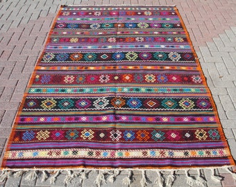 Striped Kilim Rug: Vintage Turkish Wool Area Rug (5.3 x 8.6 ft)