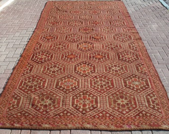 Vintage Turkish Kilim Rug 7x13: Handmade Goat Hair & Wool Tribal Carpet