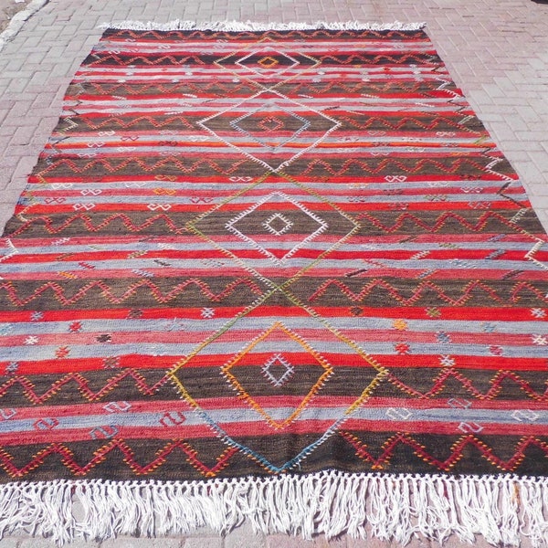 Large 7x11 area kilim rug, striped red blue black kilim, oversize bohemian rug, carpet