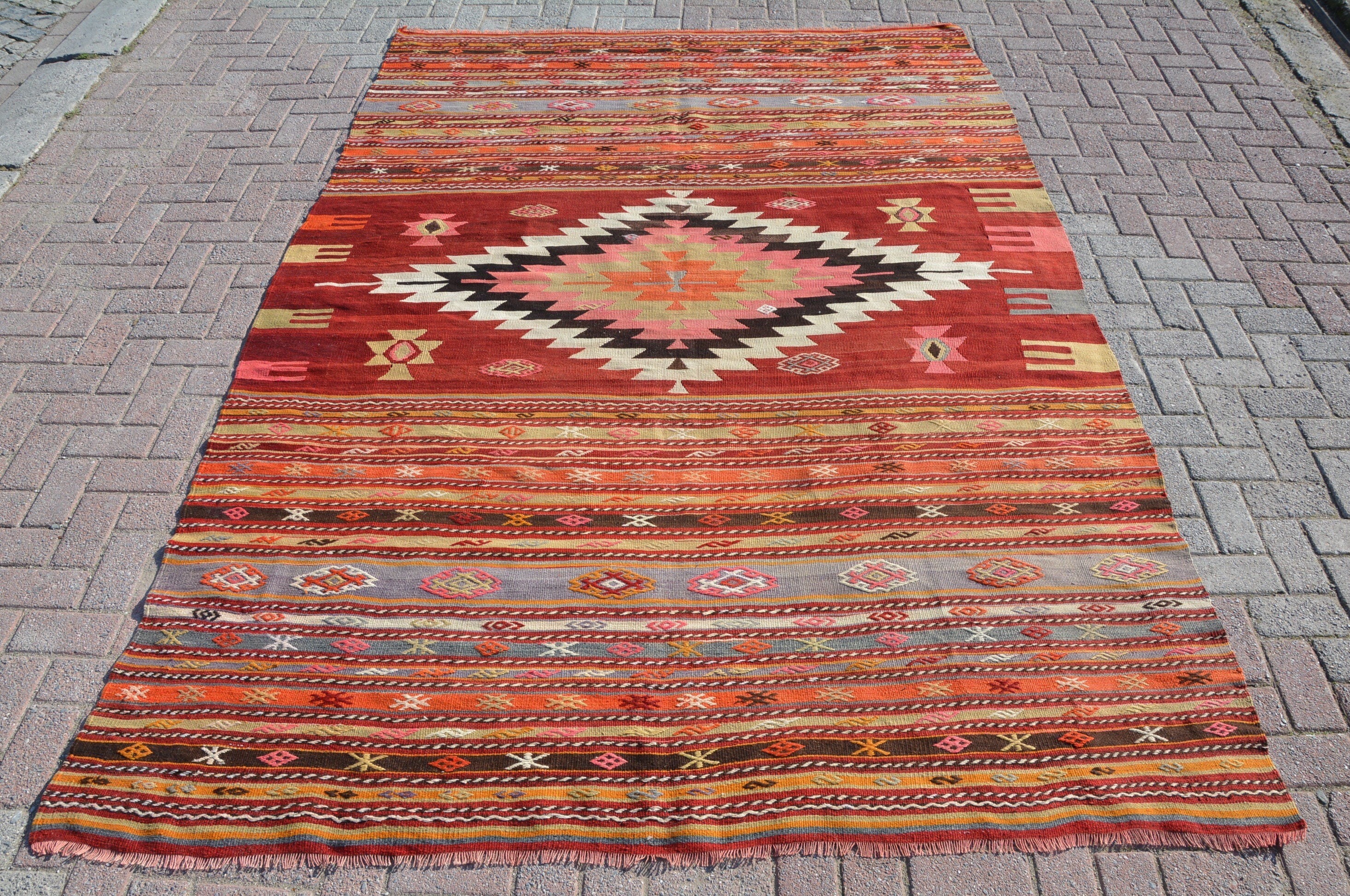 1970年代 ヴィンテージ・トルコラグ ラウンド orange/navy 7x10 Striped Kilim - Etsy