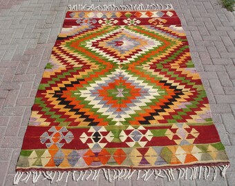 Vintage Colorful Kilim Rug: Handwoven Bohemian Geometric Carpet (4.6 x 7 ft)