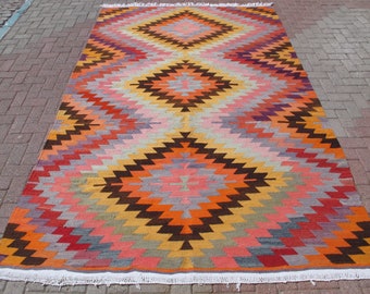 Large Vintage Diamond Kilim Rug: 6.6 x 9.9 ft, Bohemian Turkish Carpet
