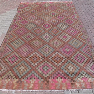 Large Vintage Kilim Rug: Wool Turkish Geometric Kelim (6.2 x 10.8 ft)