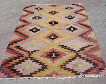 Handmade Wool Kilim Rug: Colorful Diamond Design, Boho Decor (5.6 x 8.2 ft)