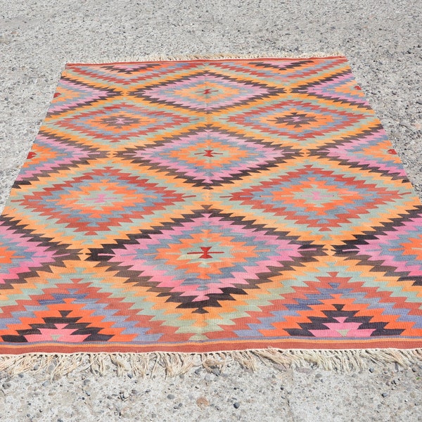 Large area kilim rug, geometric design area rugs, pastel color carpet, 6'2" x 9'71", bohemian rug, home decor, rustic kelim, teppich