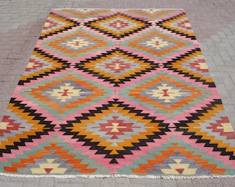 Pink Diamond Kilim Rug 6x9: Vintage Handwoven Wool Boho Rug