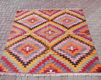 Vintage Kilim Wool Rug: Colorful Geometric Bohemian Decor (77" x 76")