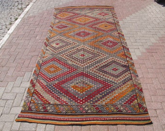 Vintage Kilim Rug: Large Wool Carpet with Geometric Design (5.21 x 11.1 ft)