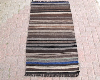 Vintage Turkish Kilim Rug: Handwoven Wool Striped Rug (2x4 ft)