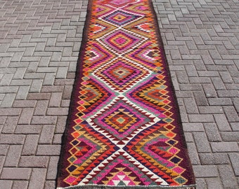 Vintage Kilim Runner Rug: Handwoven Wool Hallway Carpet (2'85" x 10'76")