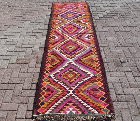 Vintage Kilim Runner Rug: Handwoven Wool Hallway Carpet (2'85" x 10'76")