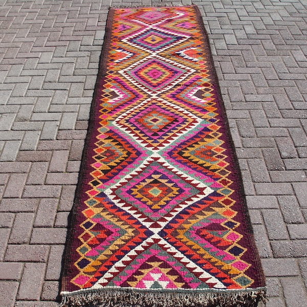 Area Kilim Runner Rug, Carpet Rug Runner, Long Runner Rug, Colorful Rug Runner, 2'85" x 10'76" ft, Rug for Hallway, Kilim Rug Runner