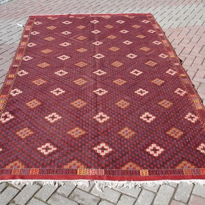 Large Red Turkish Kilim Rug: Vintage Wool Boho Area Carpet (6.5 x 11.7 ft)