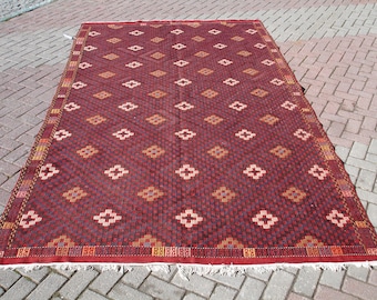 Large Red Turkish Kilim Rug: Vintage Wool Boho Area Carpet (6.5 x 11.7 ft)