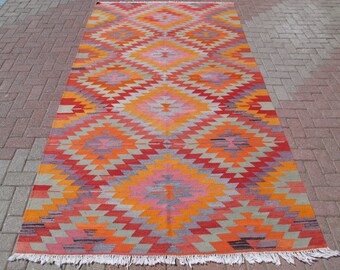 Vintage Turkish Kilim Rug 6x10: Bohemian Geometric Wool Carpet