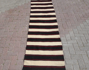 Vintage Striped Kilim Runner: Handwoven Wool & Cotton Rug (2.2 x 10.4 ft)