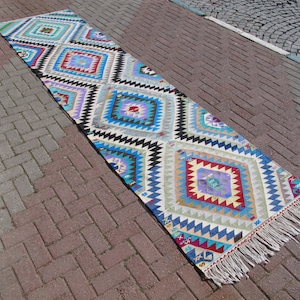 Kilim runner rug white, 3&#39;3&quot; x 13’ ft, vintage kilim runner, diamond kilim, stair runners, boho rug runner,hallway rug runner, carpet runner