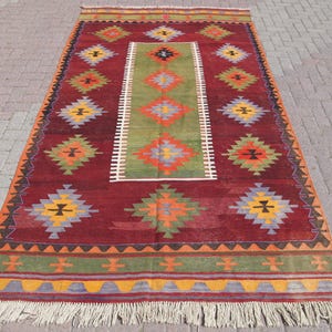 Handwoven Red Green Kilim Rug | Vintage Tribal Kilim | Rugs for Living Room | Boho Home Decor | 5.7 x 10.2 ft