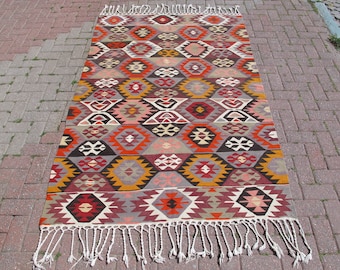 Vintage Turkish Kilim Rug: Wool Anatolian Carpet, Boho Geometric Rug (4.6 x 7.1 ft)