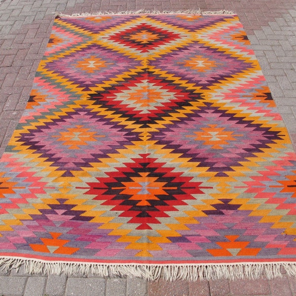 Large area kilim rug, vintage floor rugs, yellow purple carpet, diamond kilims, dining room carpets, boho home decor, tapis, 75.5” x 111”