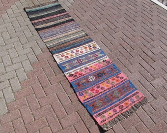 Kilim runner rug pink blue, 2&#39; x 7&#39;84&quot;, vintage kilim runner, carpet runner, stair runners, table runner, hallway rug runner, aisle runner