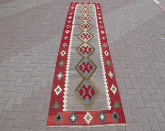 Long Kilim Runner Rug: Vintage Handwoven Wool Hallway Carpet (3 x 13.1 ft)