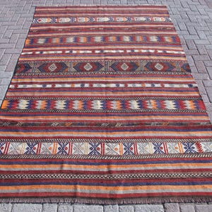 Striped Kilim Rug 6x9: Vintage Handwoven Turkish Carpet