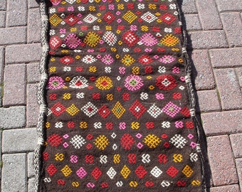 Vintage Kilim Rug: Small Turkish Doormat, Ethnic Wall Hanging (2x4 ft)