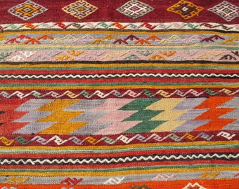 Handwoven Striped Turkish Rug: 5x8 Vintage Kilim, Wool & Cotton