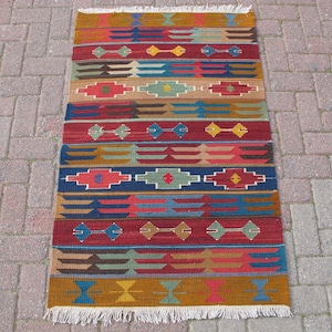 Small Wool Kilim Rug 3x4: Colorful Boho Wall Hanging