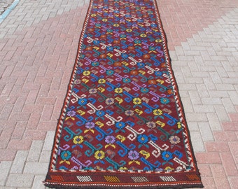 Floral kilim rug, vintage kilim runner, handmade goat hair rug, stair kilim, 3.7 x 11.2 ft, boho decor