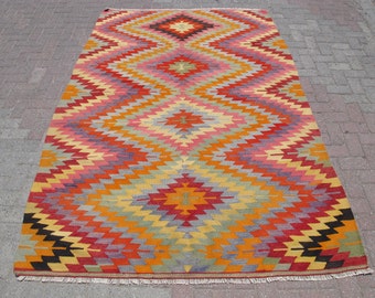 Vintage Turks kelimtapijt: 6 x 9 boho zigzagwollen tapijt