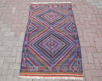 Tappeto Kilim blu 3x5 / Kilim boho tessuto a mano / Tappeto per ingresso / Kelim da appendere alla parete / Decorazione per la casa