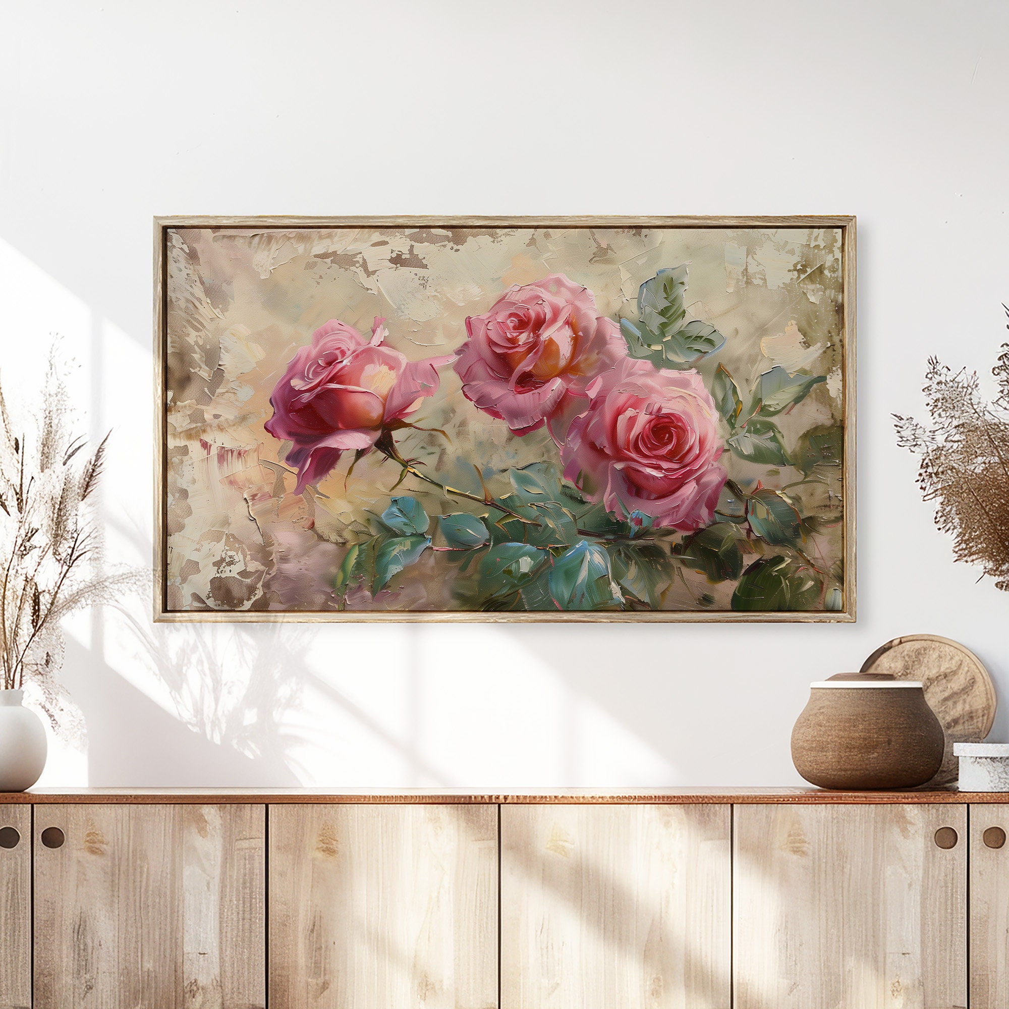 Frame TV Art - Pink Roses | Vintage Floral Oil Painting, Valentines ...