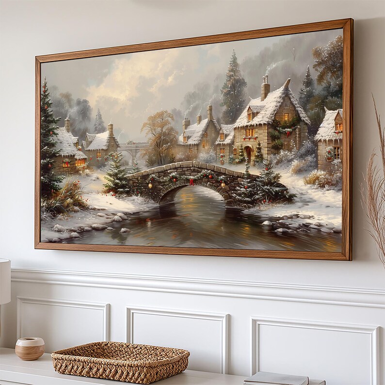 Frame TV Art Stone Bridge Over Stream Christmas Decor, Winter Festive