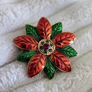 Vintage Poinsettia Brooch Pin. Red and Green Enamel with Rhinestones