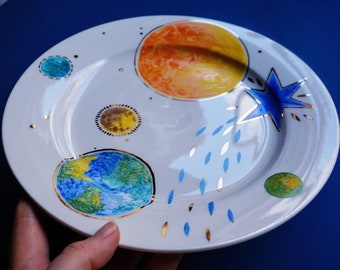 Planet, comet, solar system ceramic plate, dinnerware with shooting star, hand painted by Julia Pilipchatina, ukrainian artist