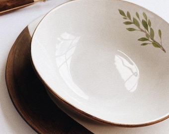 Rustic ceramic dinnerware handmade bowl with tree twig - White handpainted earthenware bowl by Julia Pilipchatina, studio Tiletiletesto