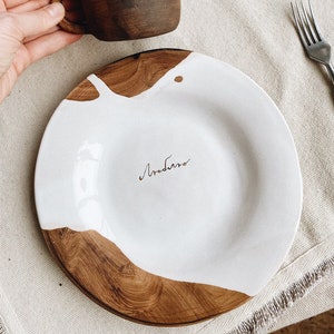 White ceramic dinner plate with gold word "Love", "Люблю" - Personalized handmade stoneware dinnerware by studio ceramics Tiletiletesto