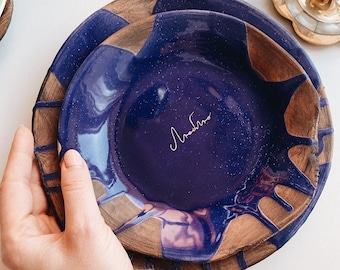 Handmade stoneware navy blue plate with custom gold word LOVE, Pottery serving dinnerware - Tiletiletesto, Julia Pilipchatina ceramic studio