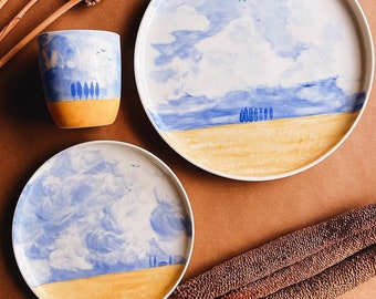 Ceramic porcelain dinnerware plate with handpainted Ukrainian landscape, Tiletiletesto artists. Dinner stoneware serving plate