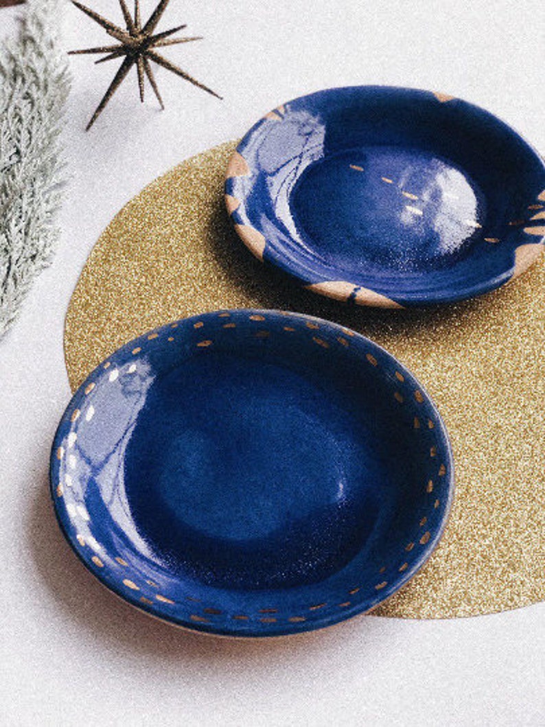 Navy blue dinner plate with gold decor Dinnerware for couple Etsy