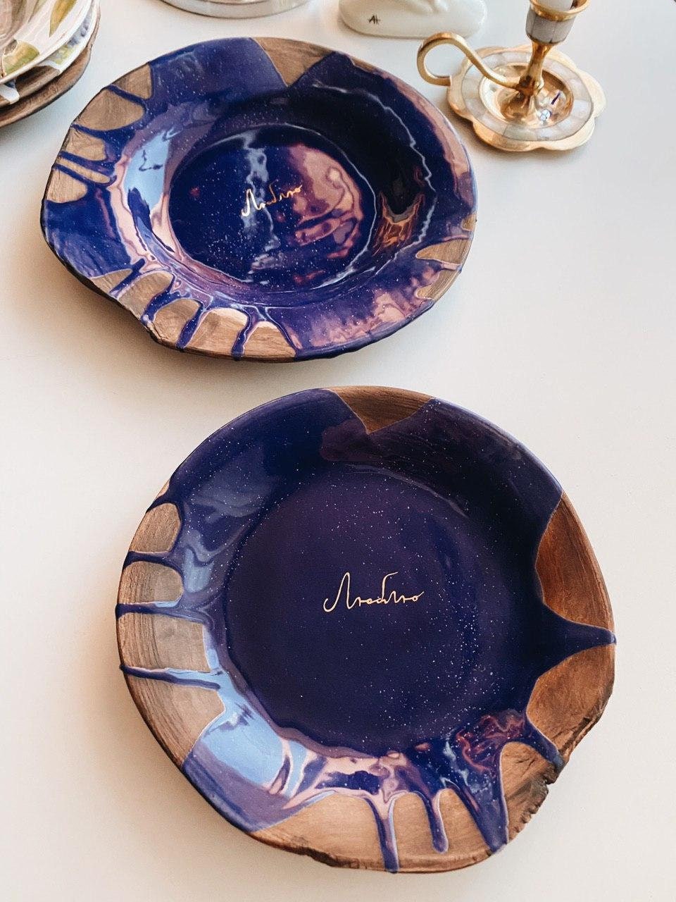 Hand painted navy blue plate with custom gold word LOVE and Etsy