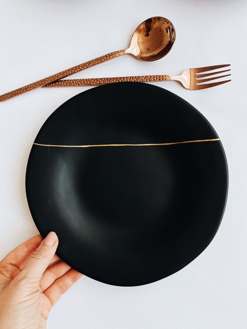 Black ceramic dinner plate with 12 gold Kintsugi inspired Etsy