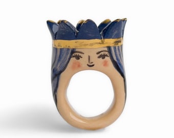 Ceramic Queen Ring · Hand-Painted Portrait with Gold Crown · Figures Collection · One of a Kind